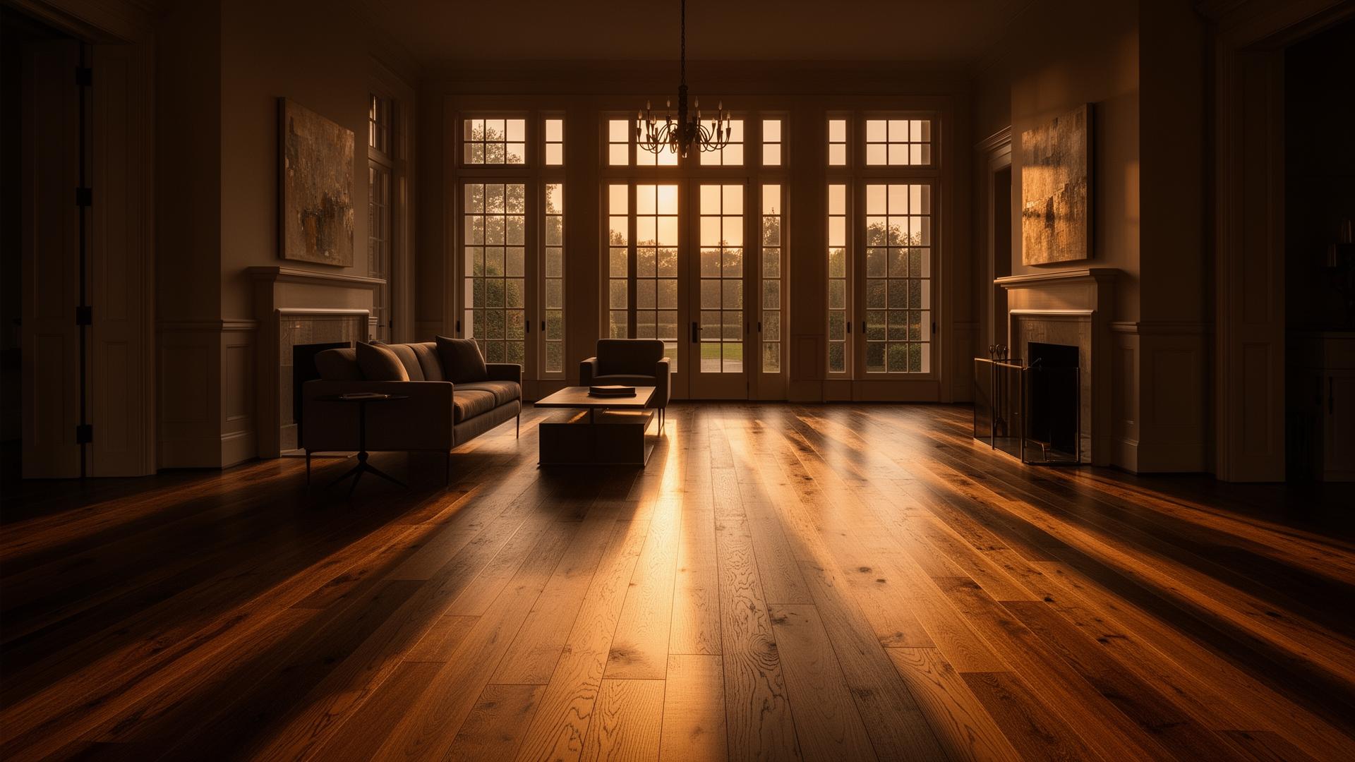 Wide-plank hardwood floor in a bright living room